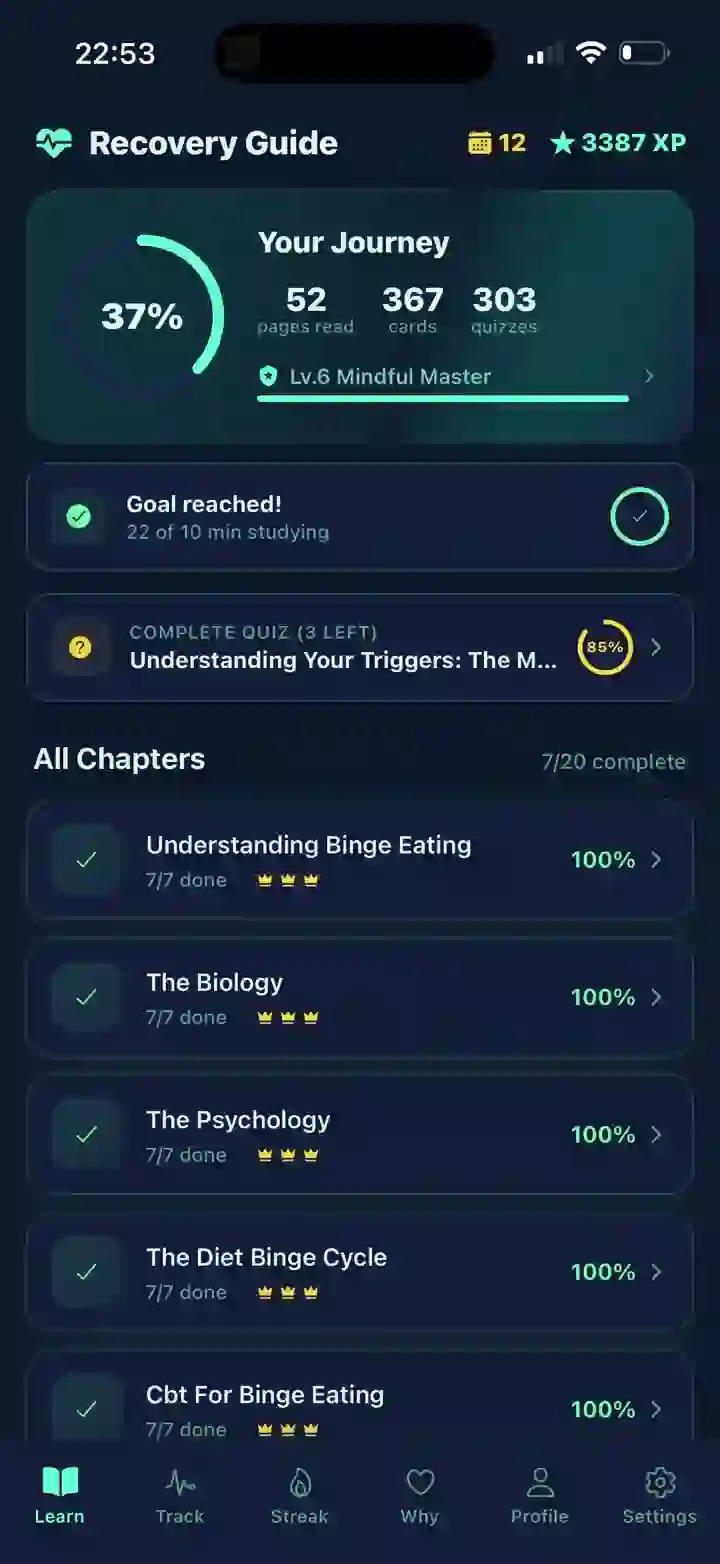 The Learn tab in Soleo: overall progress at 37 percent, and the list of all 20 chapters with each one's completion