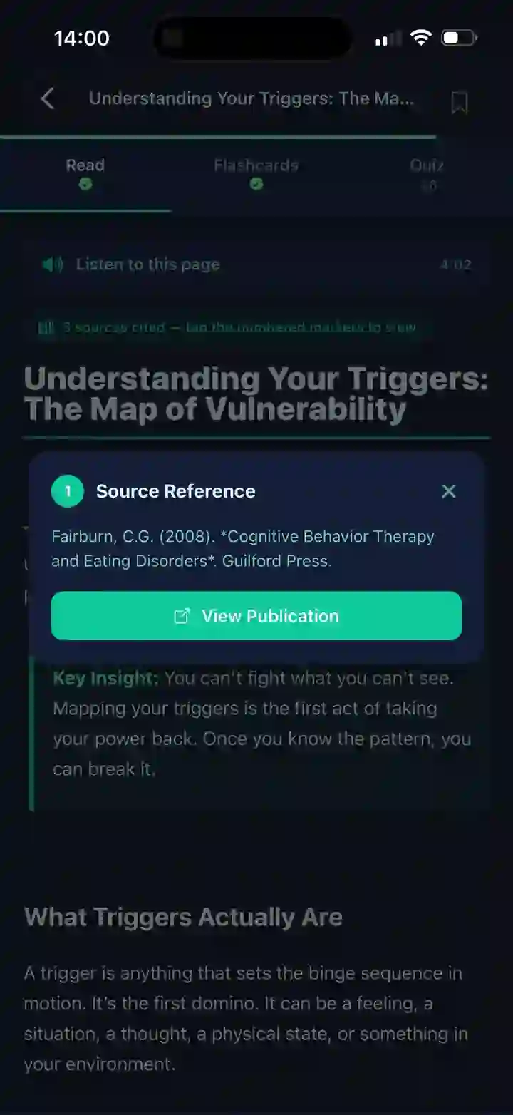 A Soleo lesson with a source reference open, citing Fairburn (2008), Cognitive Behavior Therapy and Eating Disorders
