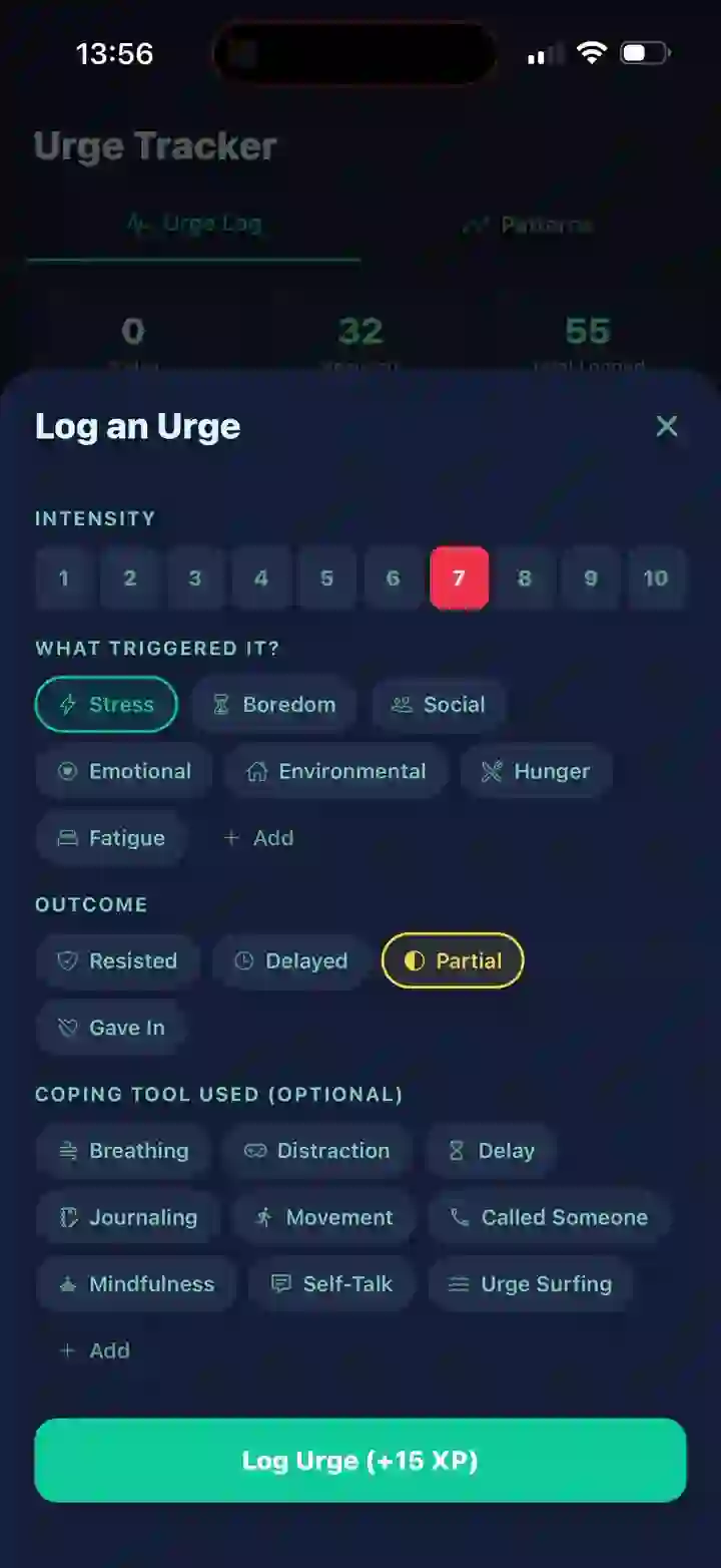 The Log an Urge screen in Soleo, with intensity 7 selected, a stress trigger, and a partial outcome